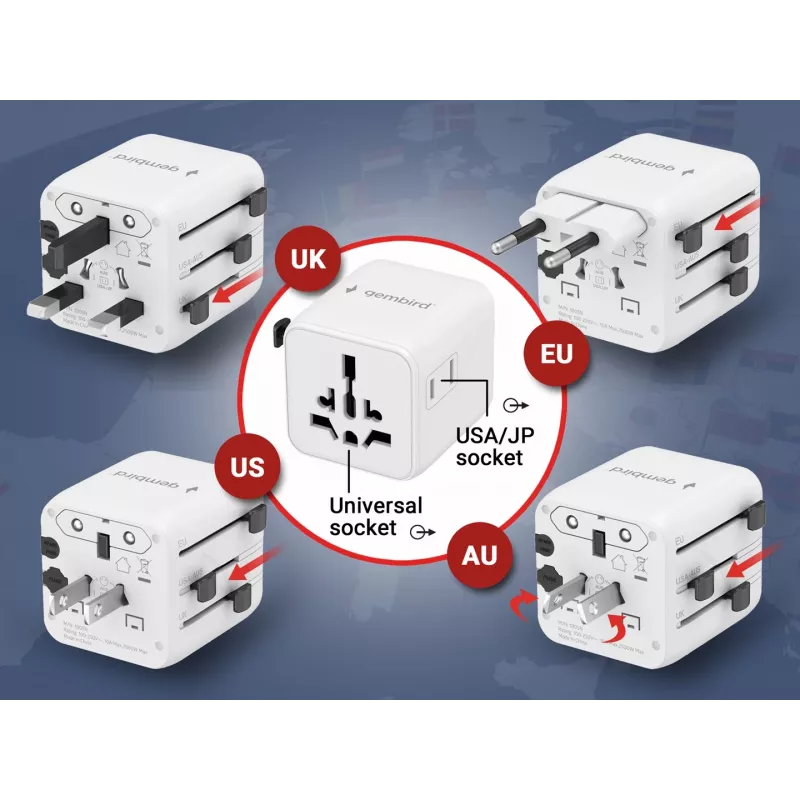 Universele reisadapter GEMBIRD TPA-INT-01-W — ingang 100–250 V, Type-G stekker, compacte afmetingen 84×56×85 mm