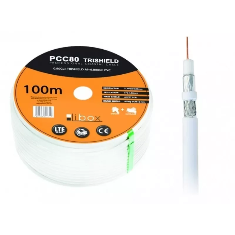Coaxkabel LIBOX PCC80 RG-6/U 100 m, FEP-mantel, 0,8 mm koperader, aluminium afscherming, wit