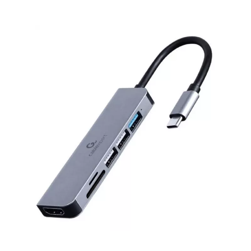 Dockingstation GEMBIRD A-CM-COMBO6-02 — bedraad USB 3.2 Gen 1 Type-C, HDMI, 1x USB-A, 2x USB 2.0, SD/MicroSD (≤128 GB), grijs