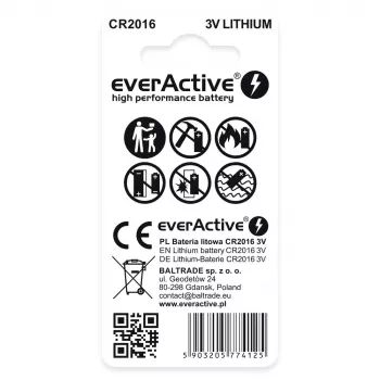 Lithiumknoopcel everActive CR2016 — 3 V, 20 mm diameter, 1,6 mm hoogte, 2-pack