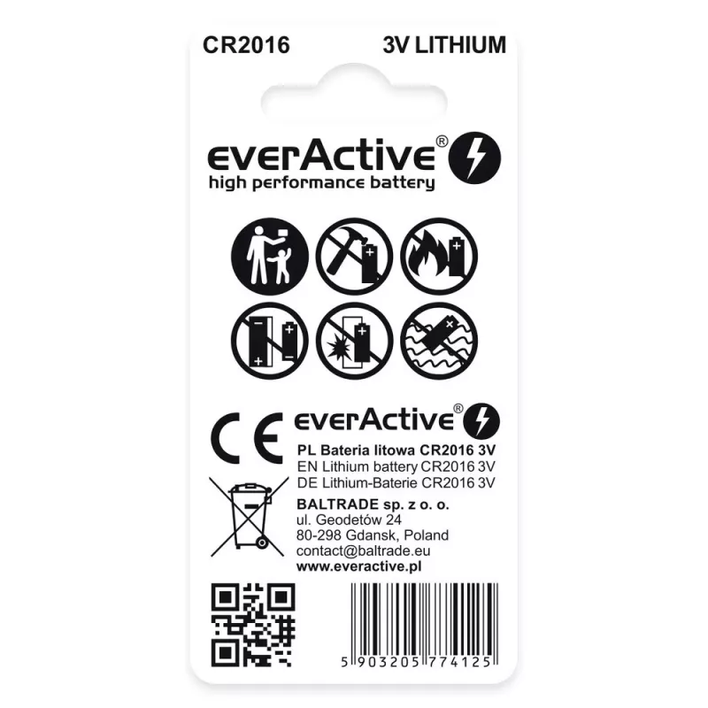 Lithiumknoopcel everActive CR2016 — 3 V, 20 mm diameter, 1,6 mm hoogte, 2-pack
