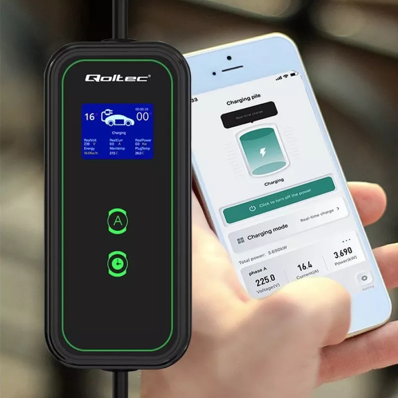 Qoltec Mobiele EV-autolader Verstelbaar 2in1 Type2 | 3.5kW | 230V | Wi-Fi | LCD | Draagbaar | Wallbox | 5m