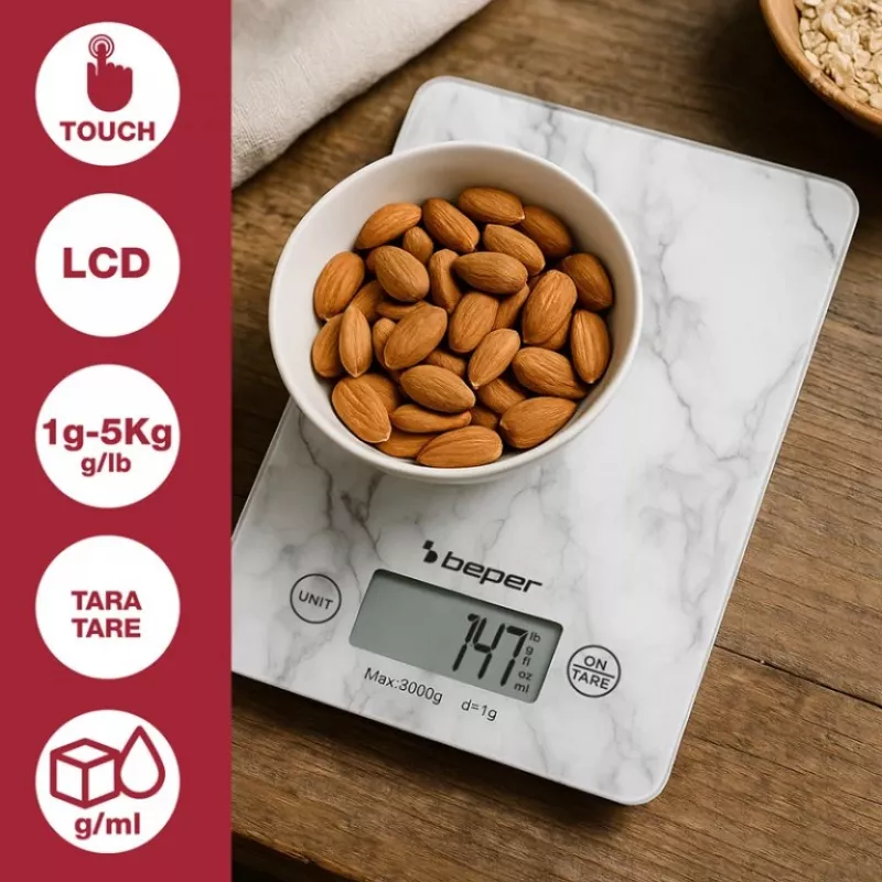 Keukenweegschaal Beper P102BIL004 - digitaal, 5 kg, 1 g, wit marmer