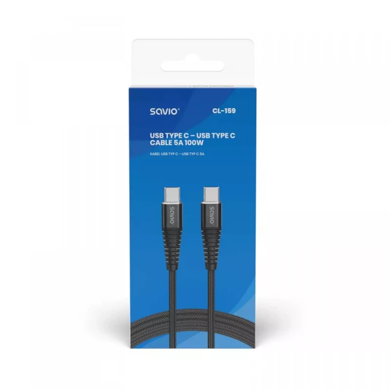 USB-C-naar-USB-C-kabel SAVIO CL-159 1 m, USB 2.0 (480 Mbit/s), zwart, 2,1 A