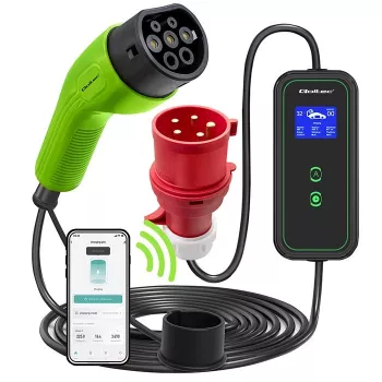 Qoltec Mobiele EV-autolader Verstelbaar 2in1 Type2 | 7kW | 230V | CEE 3 PIN | Wi-Fi | LCD | Draagbaar | Wallbox | 5m