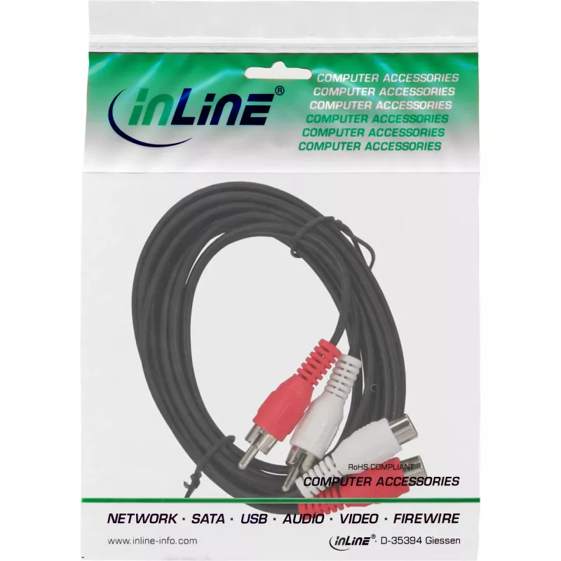 InLine audiokabel 2x RCA stekker / bus 20m, 2 x RCA, stekker, 2 x RCA, bus, 20 m, zwart