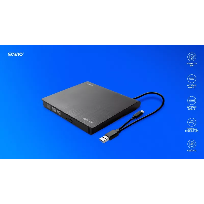 SAVIO AK-59 externe slanke CD/DVD-brander R/RW - USB-C/USB-A, zwart