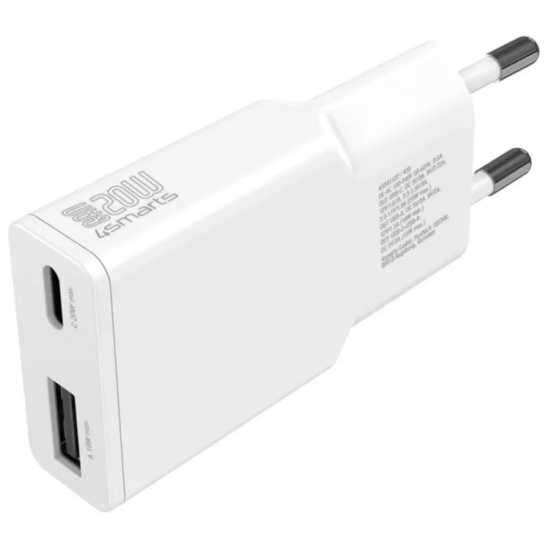 AC Indoor Mobile Device Charger 4smarts 541509 — 100–240V, USB-A + USB-C, 1,5 m kabel, snelopladen, wit