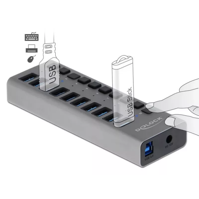 DeLOCK externe 5 Gbps USB-hub met 10 poorten + schakelaar