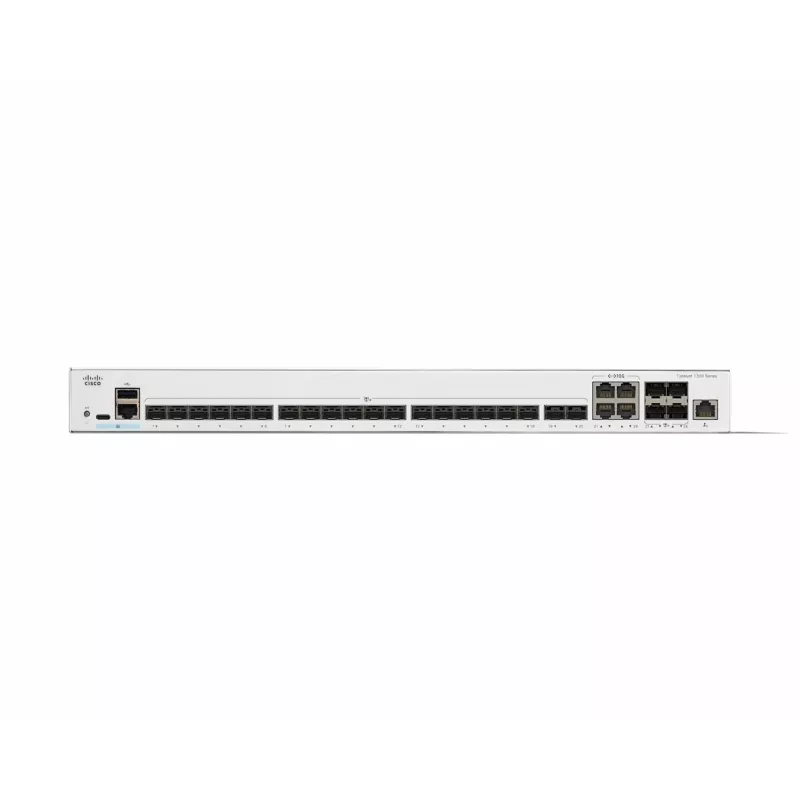 Cisco Catalyst C1300-24XS beheerde L2/L3-netwerkswitch, 24 poorten (20x 10GE SFP+ + 4x 10GE gedeelde uplinks), 480 Gbit/s, RJ-45/USB-C-console, MAC-tabel van 16.000, rackmontage, grijs