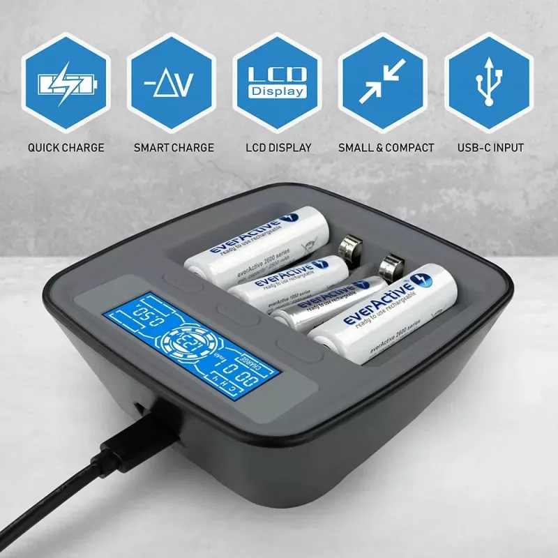 everActive NC-1000M V2 batterijlader, Ni-MH, 4 sleuven AA/AAA, USB-C, zwart