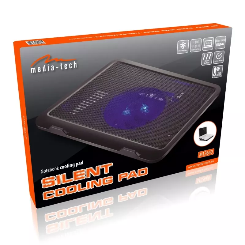 Koelpad MEDIA-TECH MT2660 – USB-laptopkoeler, 1 ventilator 13,5 cm, 20 CFM, 1000 tpm, 330×250×40 mm, 327 g, achtergrondverlichting