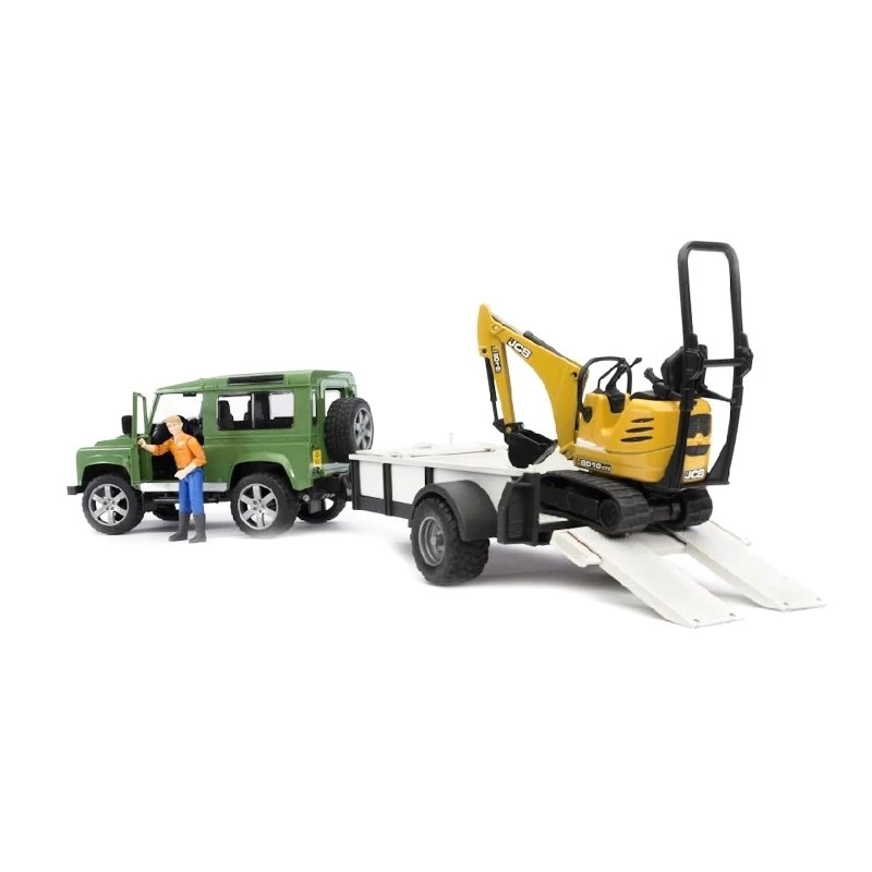 BRUDER Land Rover Defender met aanhanger CAT en man speelgoedvoertuig