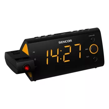 Klokradio SENCOR SRC 330 OR — FM-klokradio met 1,2-inch led-display, dual-alarm, rode 180°-projectie, binnentemperatuur, batterijbuffer