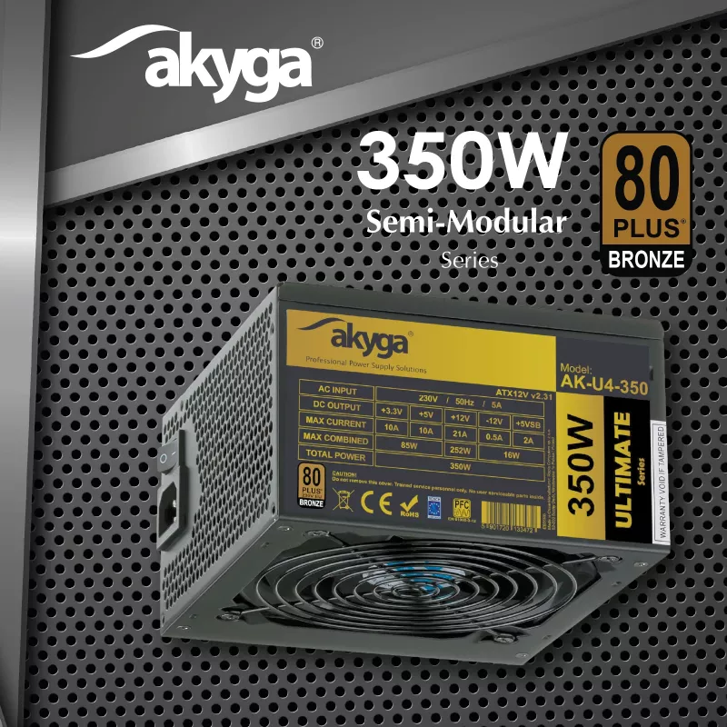 Akyga AK-U4-350 Ultimate 350 W ATX-voeding, 80 PLUS Bronze, actieve PFC, 120-mm-ventilator