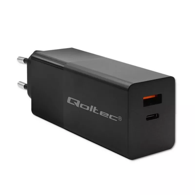 Qoltec 52382 GaN POWER PRO oplader | 1xUSB Type C | 1xUSB A | 100W | 5-20V | 1.5-5A | PD | zwart