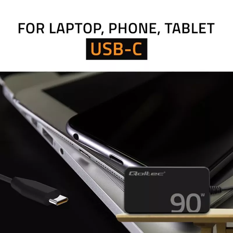 Qoltec 90W GaN Super Fast SLIM wandoplader | XP | 5-20V | 4,5A | USB-C 3.1 | laptop | MacBook | smartphone | + kabel