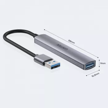 USB-hub Unitek H1208A — 4 poorten (1 × USB 3.2 Gen 1 Type-A, 3 × USB 2.0), aluminium behuizing, grijs, 0,20 m kabel