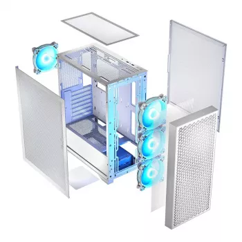 Pc-behuizing LOGIC Dart Pro Midi ARGB wit — midi tower, ATX, 456×200×385 mm, max. GPU 34 cm, CPU-koelerhoogte 155 mm, 3x120mm voor + 1x120mm achter, USB 3.0 x2, USB-C x1