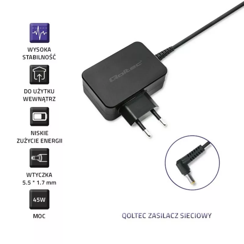 Voeding QOLTEC 45W 19V 2,37A met 5,5x1,7 mm stekker
