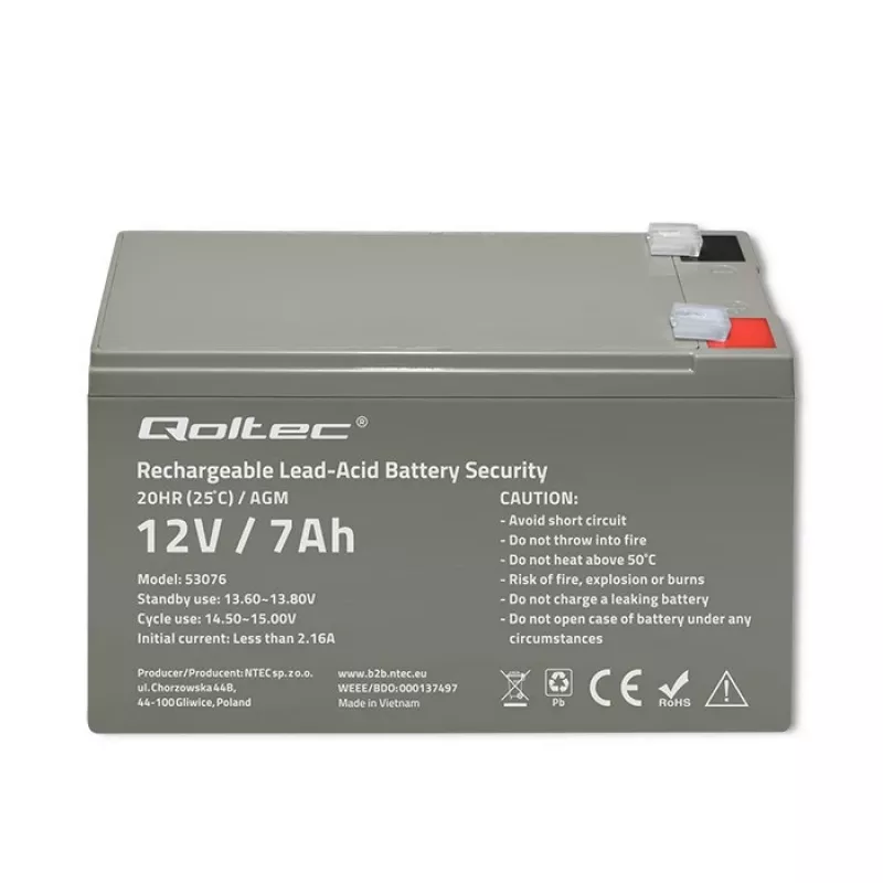 Qoltec 53076 AGM-accu | 12V | 7Ah | veiligheid