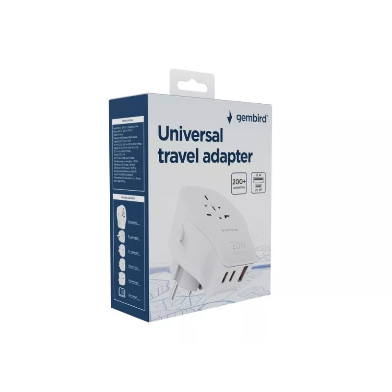 Wand-reisadapter GEMBIRD TPA-1A2C20-02-W 20W — 1xUSB-A + 2xUSB-C, Type-G stekker, 100–250 V, wit