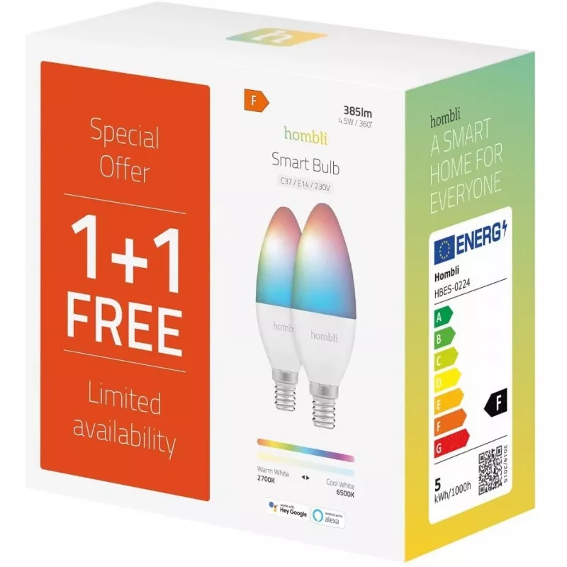 Hombli slimme Light Bulb, 4,5W, E14, RGB, CCT, 1+1 promotiepack