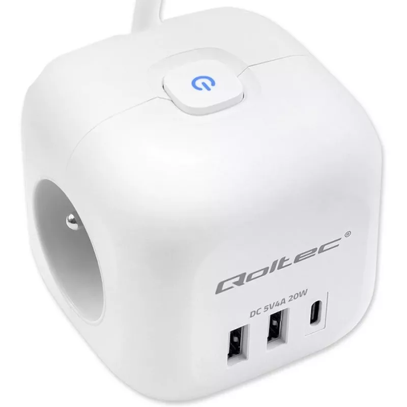 Power Cube QOLTEC 52547 stekkerdoos 3×AC-stopcontacten, 2×USB-A, 1×USB-C PD 20W