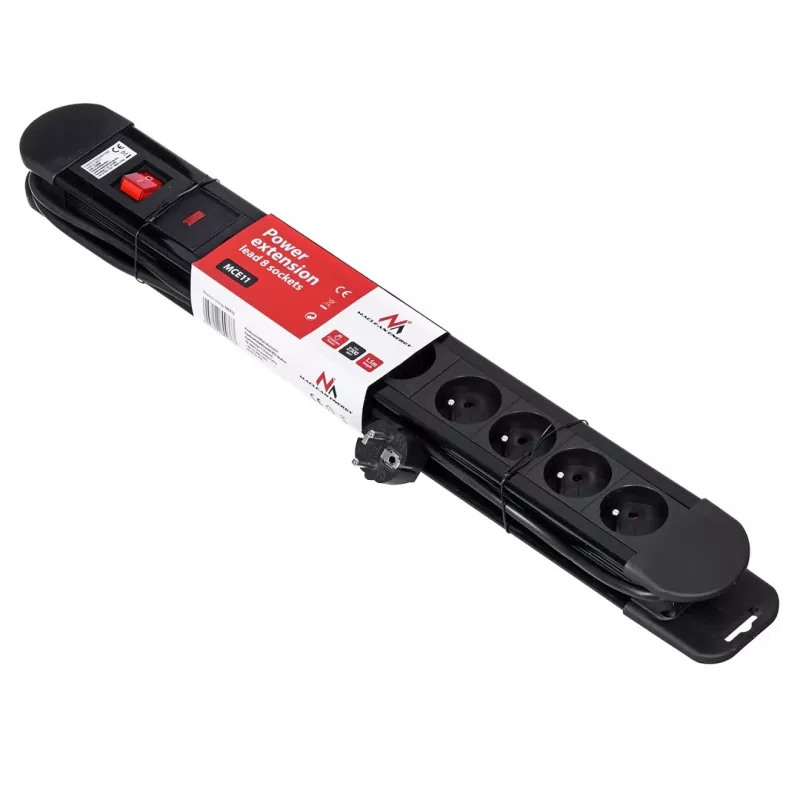 Power extension MACLEAN MCE11 — 8 AC stopcontacten, 1.5 m kabel, indoor, zwart, met aan/uit-schakelaar