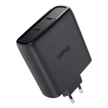TRUST Maxo 100W 2-poorts USB-C GaN oplader — 100 W, 2× USB-C, max. 20 V, 2 m kabel, zwart