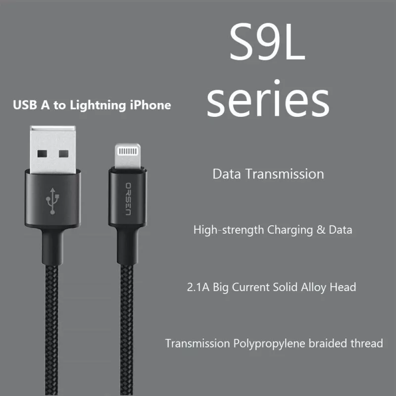 USB-A naar Lightning-kabel Orsen S9L 1 m 2,1A — zwart