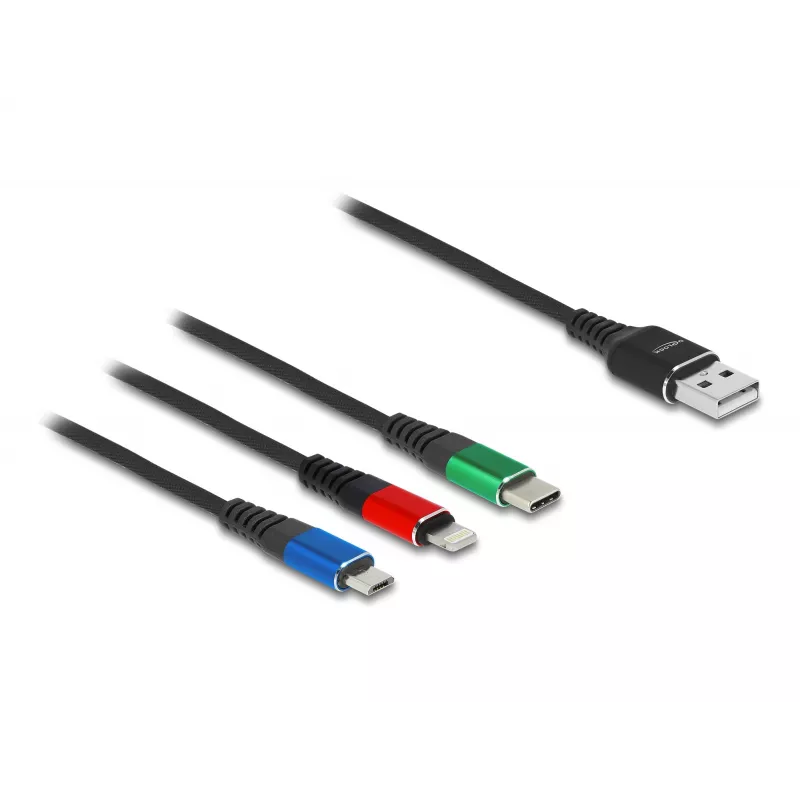 DeLOCK 90156 USB-oplaadkabel 3-in-1, Type-A naar Lightning / Micro USB / USB Type-C, 2 m, meerkleurig