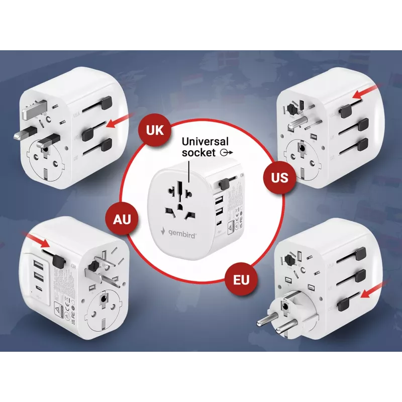Reisadapter GEMBIRD TPA-EU2A1C15-01-W – 15W, Type-E stekker, 2× USB-A + 1× USB-C, 100–250V
