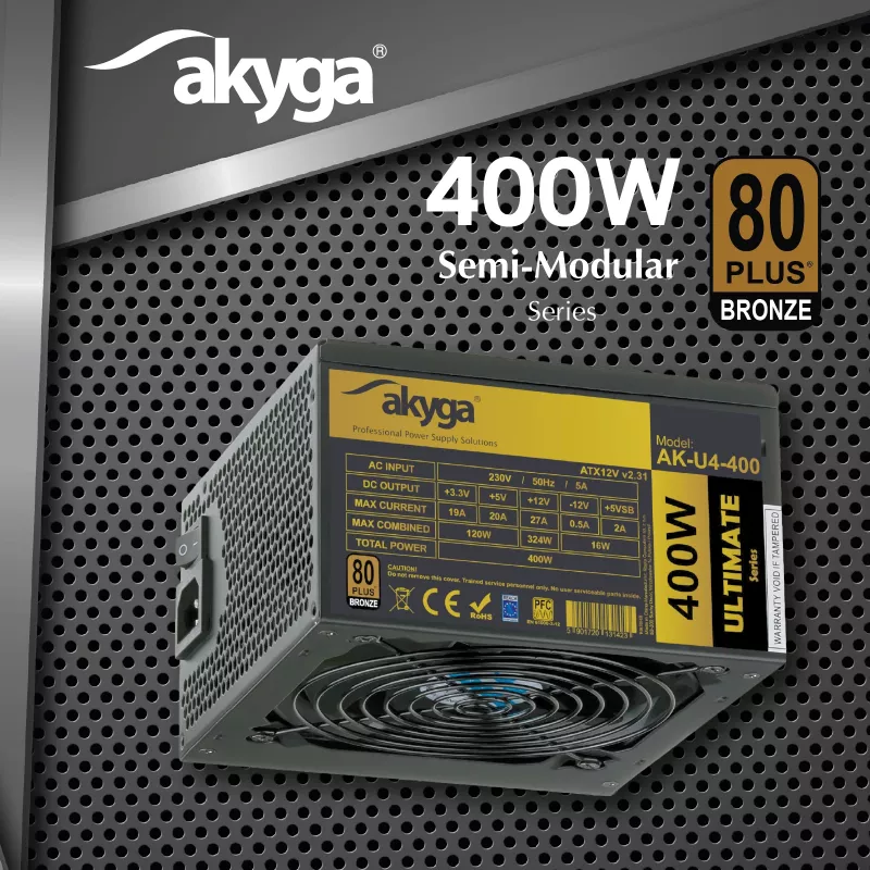Akyga AK-U4-400 Ultimate 400 W ATX-voeding, 80 PLUS Bronze, actieve PFC, 120-mm-ventilator