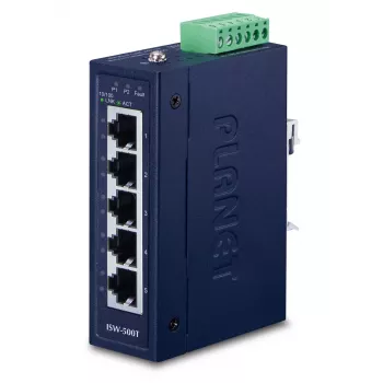 Netwerkswitch PLANET ISW-500T, unmanaged 5-poorts Fast Ethernet (10/100), 12–48V, blauw