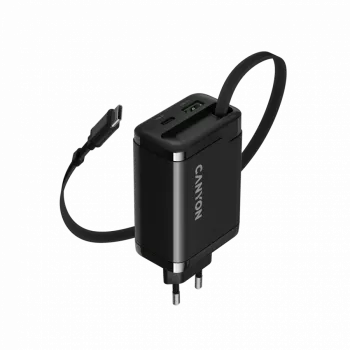 Oplader CANYON OnCharge 65RC met geïntegreerde USB-C-kabel, 65 W, 1x PD, 1x QC, EU-stekker, zwart