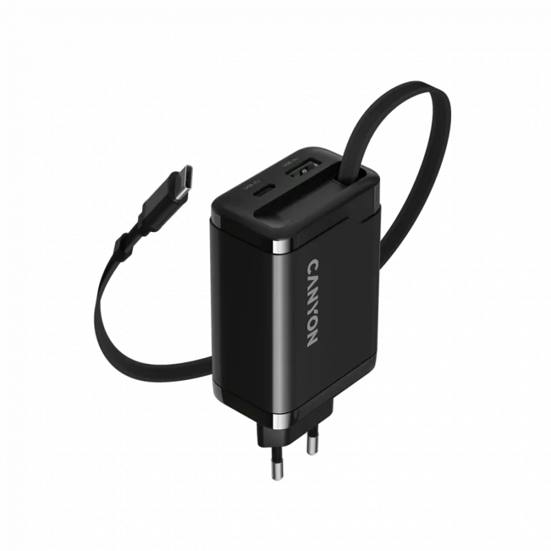 Oplader CANYON OnCharge 65RC met geïntegreerde USB-C-kabel, 65 W, 1x PD, 1x QC, EU-stekker, zwart