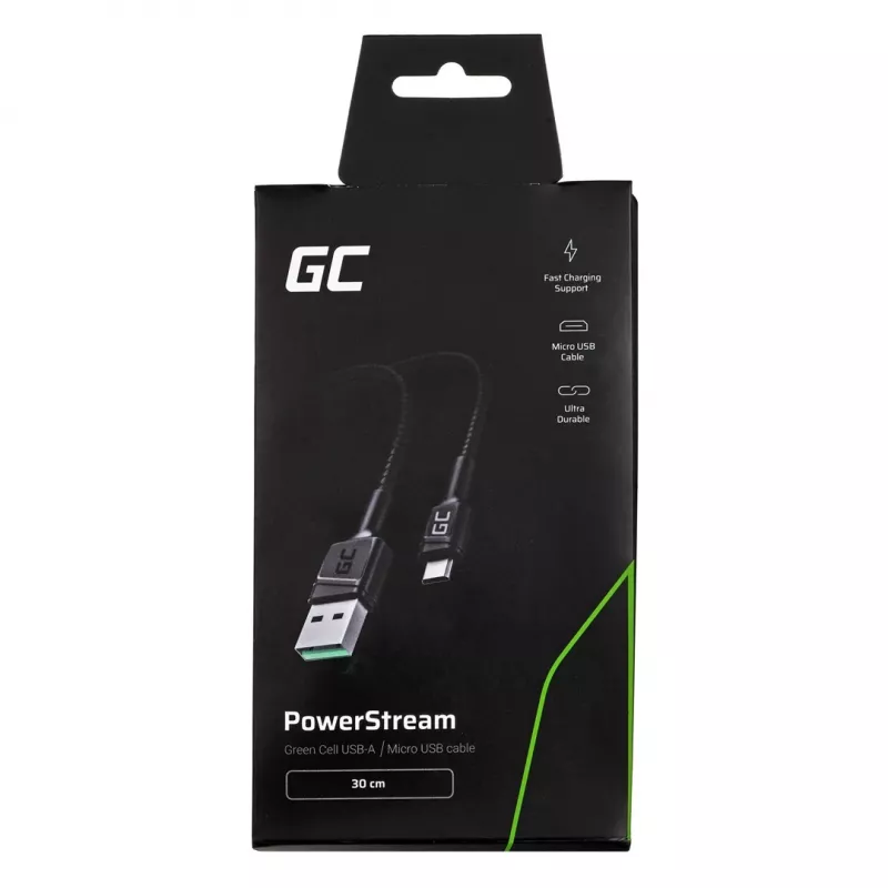 USB 2.0 kabel Green Cell KABGC23, USB A naar Micro-USB B, 0,3 m, zwart