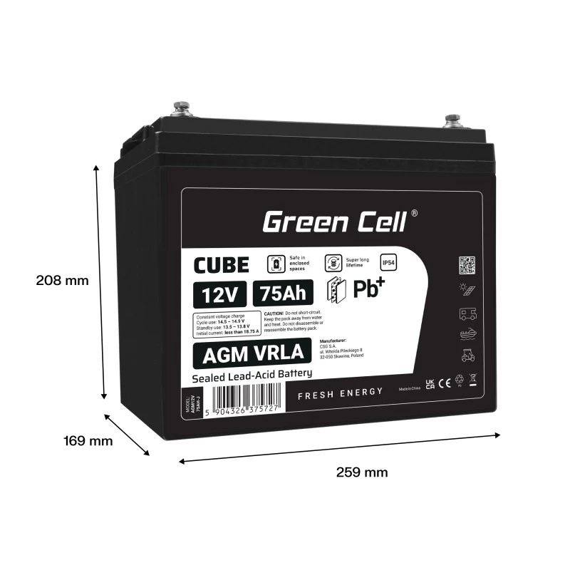 Batterij AGM VRLA 12V 75Ah IP54