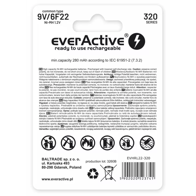 Oplaadbare batterij everActive EVHRL22-320 9V NiMH prismatisch 8,4V, 55 g, 48,5 mm