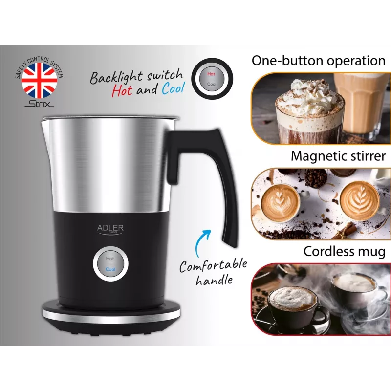 Automatische melkopschuimer Adler AD 4497 – RVS, 600W, 120 ml schuim / 300 ml verwarmen, warm & koud