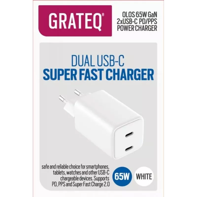GRATEQ OLOS wandlader PD/PPS, 2x USB-C, GaN, 65 W