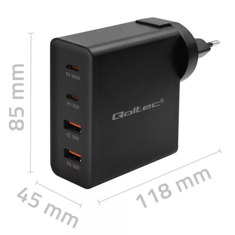 Qoltec GaN POWER PRO oplader | 2xUSB-C | 2xUSB | 130W | 5-20V | 1.5-5A | XP | zwart