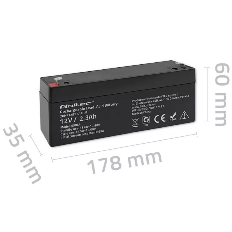 Verzegelde AGM-accu QOLTEC 12V 2,3Ah voor UPS- en back-upsystemen, max. ontlading 34,5A