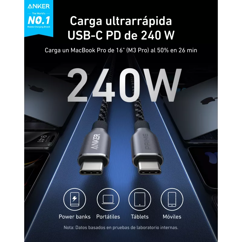 Anker Innovations Prime USB-C naar kabel 90cm 240W upcycled gevlochten - kabel - digitaal/data (A88E2011)