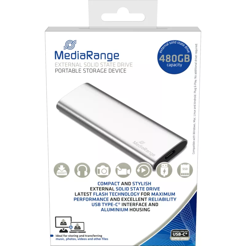 MediaRange MR1102 - SSD - 480 GB - extern (draagbaar) - USB 3.2 Gen 2 (USB-C-aansluiting) - zilver (MR1102)
