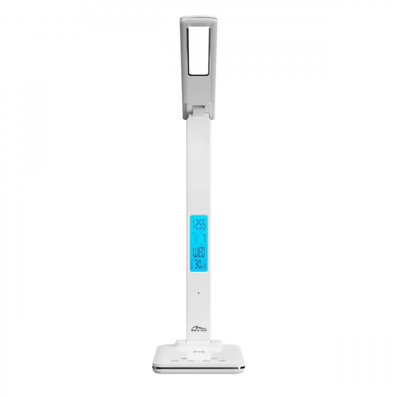 Media-Tech MT222 Leditou led-bureaulamp met 15 W Qi draadloze oplader, klok, wekker, thermometer, wit