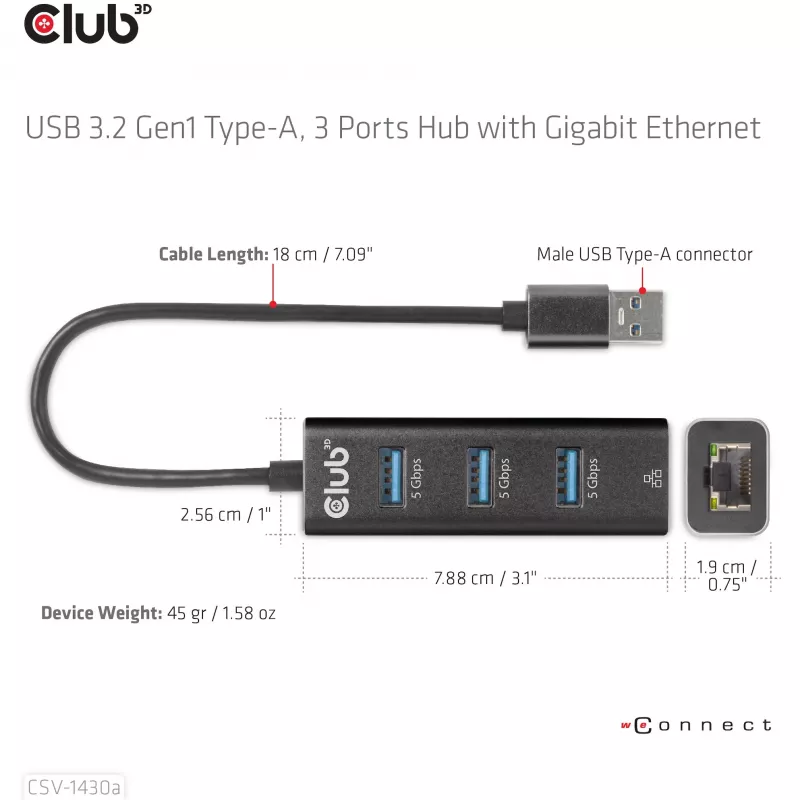 USB-hub CLUB3D USB 3.2 Gen1 Type-A met 3 aansluitingen en Gigabit-Ethernet