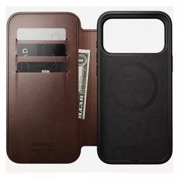 Nomad Modern Leather Folio Handyhoesje Cover voor iPhone 17 Pro Max — bruin, leer, 6,3 inch scherm, 4 kaartvakken