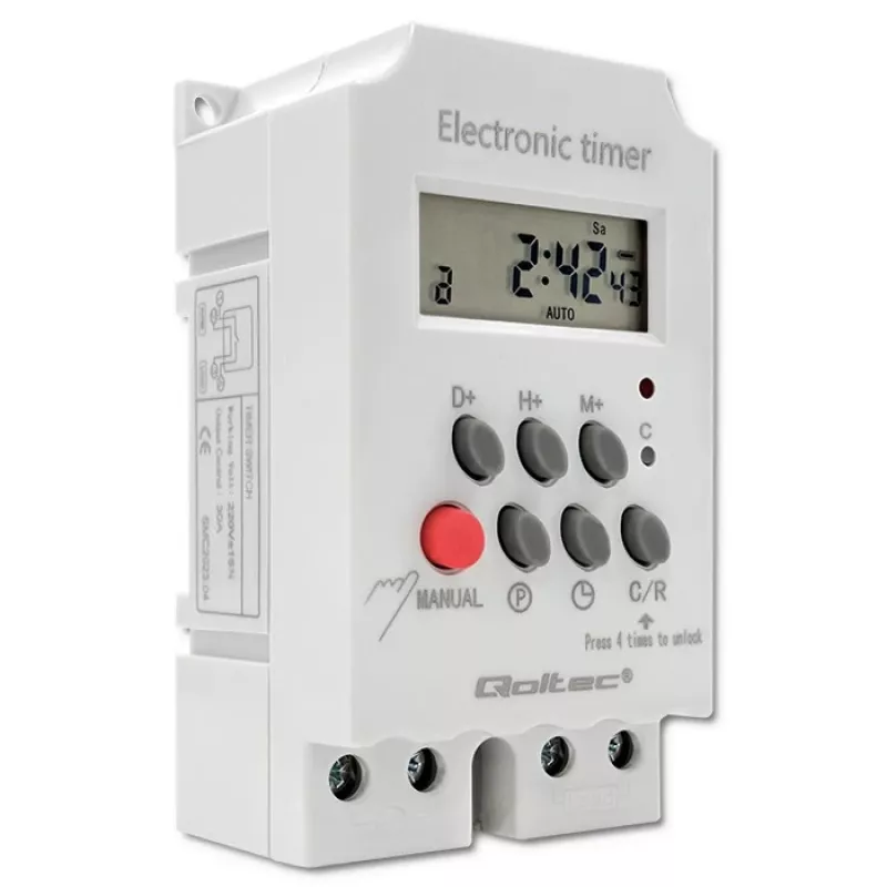 Elektronische DIN-rail tijdschakelaar QOLTEC PC0629 — 24V voeding, 16A uitgang
